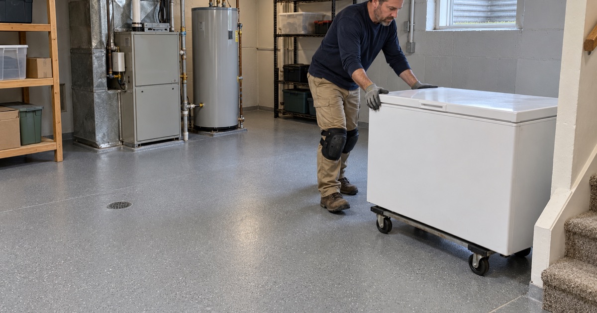 A chest freezer rolled on a dolly onto a new gray quartz epoxy floor in the lower level of a Cedar Falls split-level.