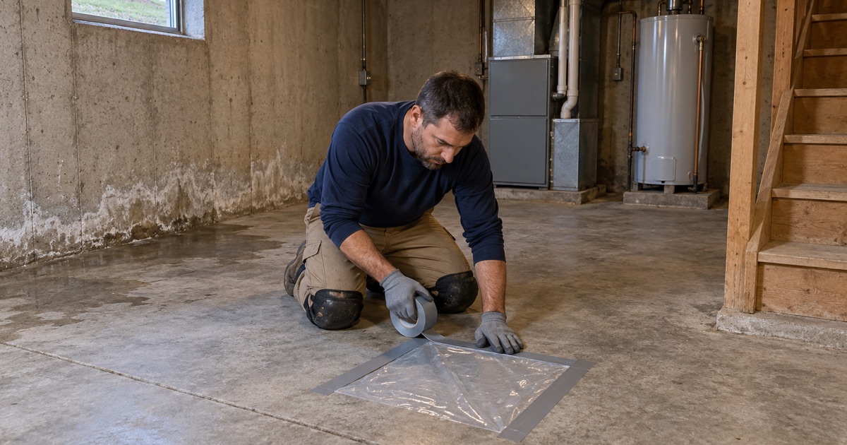 A square of clear plastic being taped down to test a bare basement slab in an older Cedar Falls ranch house, white efflorescence along the foundation wall.