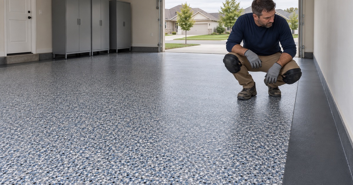 A blue-gray flake field framed by a solid charcoal border band in a Cedar Falls garage, the worker crouched to look along the line between them.