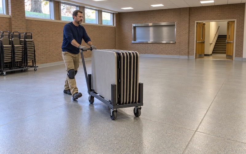 Folding tables wheeled on a dolly across a new quartz epoxy floor in the fellowship hall of an older Cedar Falls church.