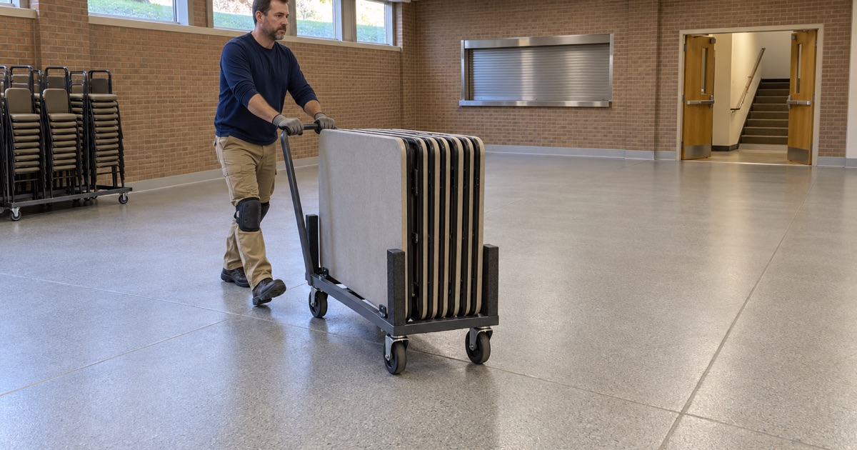 Folding tables wheeled on a dolly across a new quartz epoxy floor in the fellowship hall of an older Cedar Falls church.
