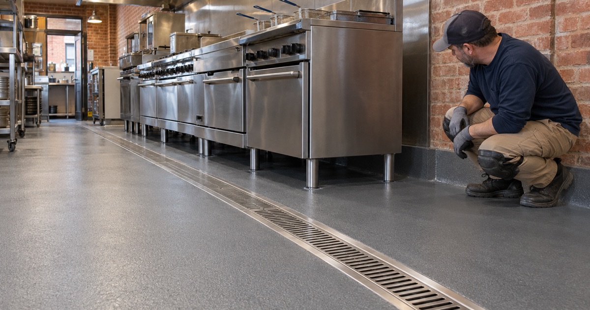 A urethane cement kitchen floor with an integral coved base and trench drain in a downtown Cedar Falls restaurant, the cove checked behind the range.