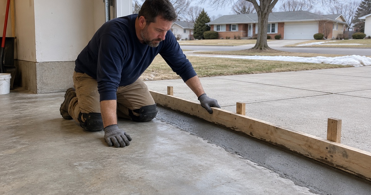A salt-spalled garage door threshold at a Cedar Falls ranch house cut back and refilled with repair mortar against a staked form board.