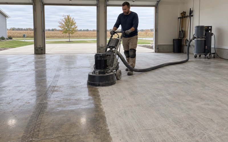 A walk-behind planetary grinder opening an old sealed slab in a newer Cedar Falls three-car garage, the ground lane beside the glossy old sealer.