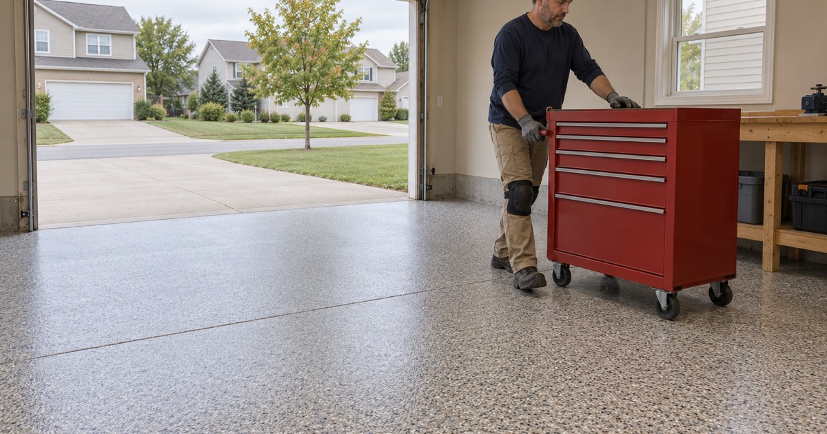 A finished tan, gray and charcoal flake floor in the attached garage of a 1990s Cedar Falls two-story, a rolling tool chest wheeled back into place.