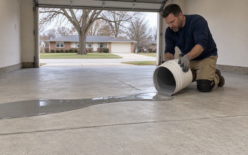 A ribbon of gray epoxy base coat being poured onto a freshly ground garage slab at a Cedar Falls ranch house.