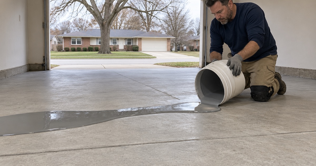 A ribbon of gray epoxy base coat being poured onto a freshly ground garage slab at a Cedar Falls ranch house.