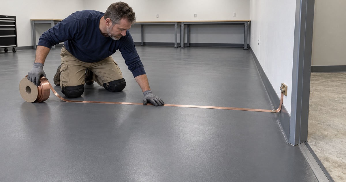 A copper grounding strip being pressed down on the primed floor of a Cedar Falls electronics room before the static-dissipative epoxy goes on.