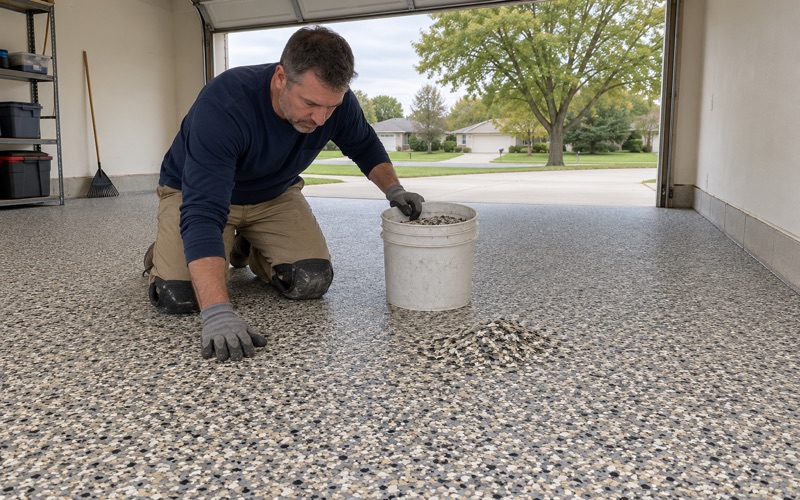 A cured flake floor scraped and swept before its topcoat in a Cedar Falls ranch house garage, the loose chips collected in a bucket.