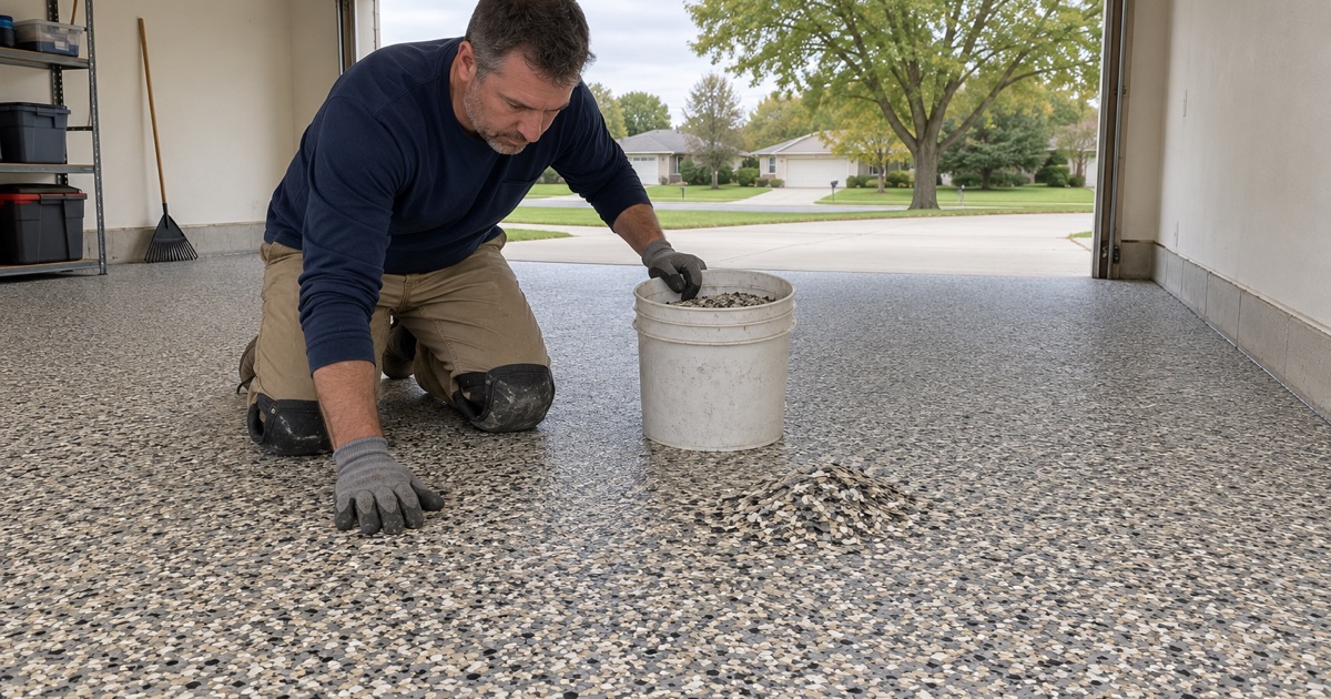 A cured flake floor scraped and swept before its topcoat in a Cedar Falls ranch house garage, the loose chips collected in a bucket.