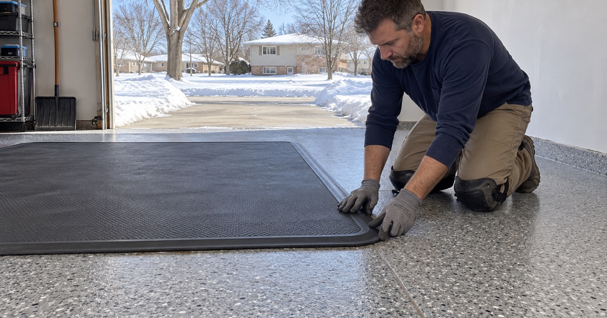 A rimmed containment mat laid where the tires stop on a salt-resistant flake floor in a Cedar Falls split-level garage on a snowy January day.