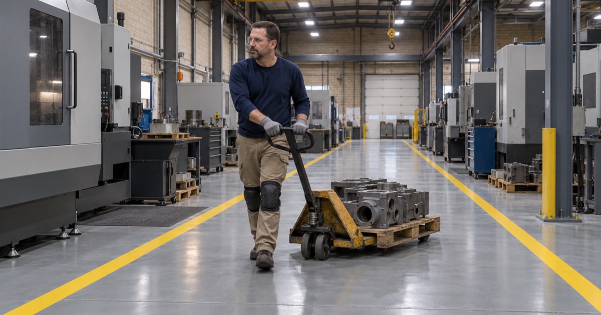 A pallet of gray iron castings moved on a pallet jack down a yellow-lined aisle on the new epoxy floor of a Cedar Falls machining plant.
