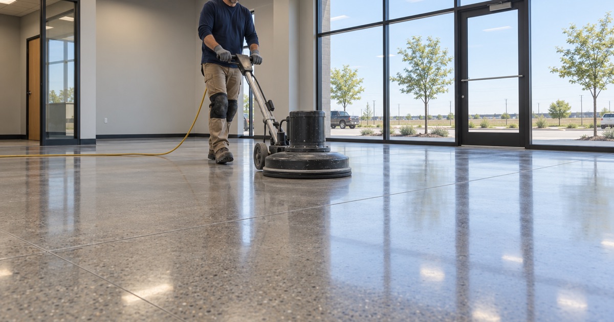 A high-speed burnisher bringing up the shine on a new polished concrete floor in the front office of a Cedar Falls tilt-up building.