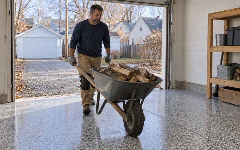 A wheelbarrow of split firewood rolled onto a same-day polyaspartic flake floor in the detached alley garage of an older Cedar Falls house.