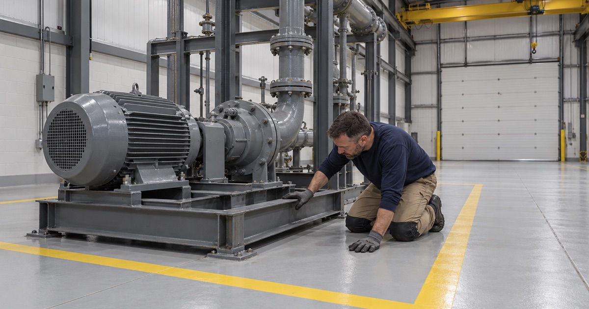 A large pump assembly on a steel test skid in a Cedar Falls engineering test lab, the gray epoxy floor marked with a yellow safety border.